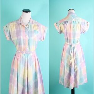Vintage Impromptu Pastel Shirt Dress Button, Circle Skirt, Pockets, Belted
